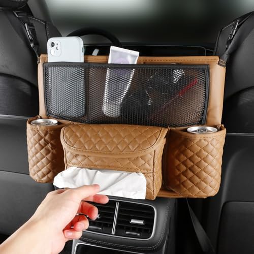 Car Organizer, Leather Large Capacity Car Purse Holder for Front Seat, Seat Back Net Bag Double-sided Tissue Storage Handbag Holder Car Accessories (Brown)