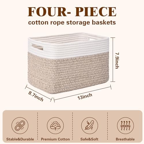 Storage Baskets for Organizing, 4 Pack Baskets for Shelves, Decorative Storage Bins for Shelves, Cotton Rope Storage Basket with Handles, Woven Basket for Storage, 13''Lx8.7''Wx7.9''H, White & Brown