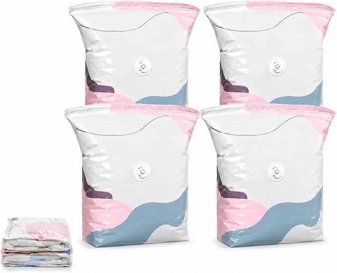 No Pump Vacuum Storage Bags, 3D Space Saver Bags for Clothes, Blankets, Bedding & Comforters, Reusable Vacuum Seal Storage Bags for Moving & Seasonal Storage (M-4PCS)