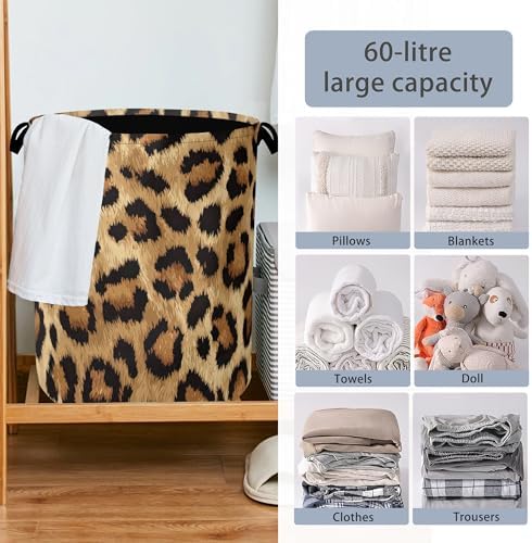 Brown Leopard Laundry Basket,Foldable with Handles Tote Bag Oxford Cloth for Bathroom Bedroom Dirty Clothes Storage Bucket 16" x 20.8"