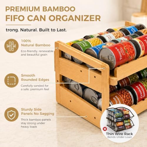 MinBoo Bamboo FIFO Can Organizer for Pantry, 24-Can Gravity Dispenser with Adjustable Dividers, Freestanding Wood Canned Food Storage Rack for Soup, Soda and Pet Food, 15.5" W x 11.6" D x 9.4" H