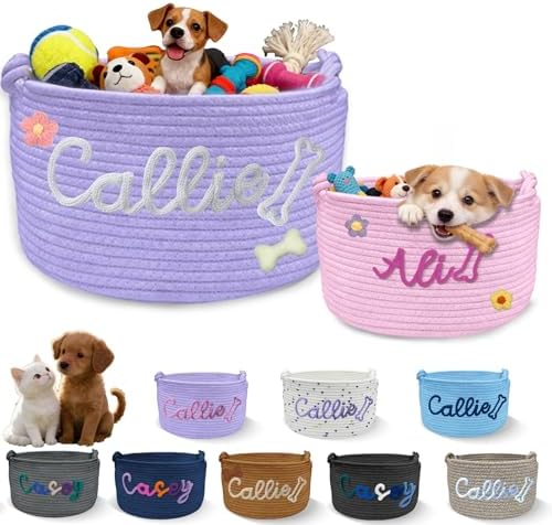 Personalized Dog Toy Basket with Embroidery Name Custom Cotton Rope Pet Storage Bin for Toys Treats Large Capacity Storage Bin with Handle Home Organizer & Pet Gift