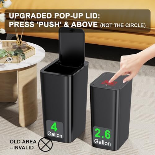N. NETDOT 3 Pack (2 of 4 Gal & 1 of 2.6 Gal) Small Trash Can with Lid,Bathroom Garbage Can with Pop-Up Lid,Waste Basket for Bathroom,Kitchen,Bedroom,Powder Room,Craft Room,Office,College (Black)