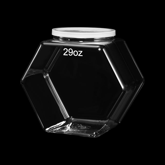 Uiifan Plastic Candy Jar with Lid Clear Hexagonal Fish Bowls,29 Oz | Clear Cookie Jar Desk Pet Display, Dog Food Craft Supplies Coffee Pod Storage, Wide Mouth Easy Access Organizer