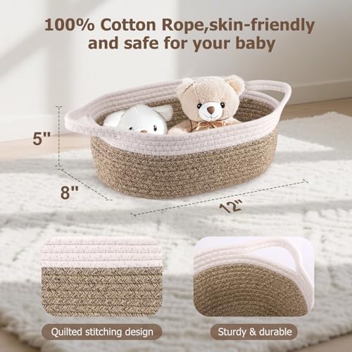 Small Woven Basket, 12" x 8" x 5" Gift Basket Empty with Ribbon and Gift Bag, Rope Basket for Baby Shower, Holiday Presents,Storage Basket with Handle for Nursery,Pet Toy Basket (White-Brown)