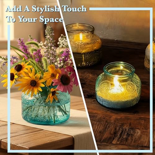 Decorative Blue Embossed Glass Jar with Airtight Wooden Lid, 40 fl. oz | Wide mouth vintage storage canister, kitchen pantry bathroom organization, coffee sugar tea cookie candy candle vase gift