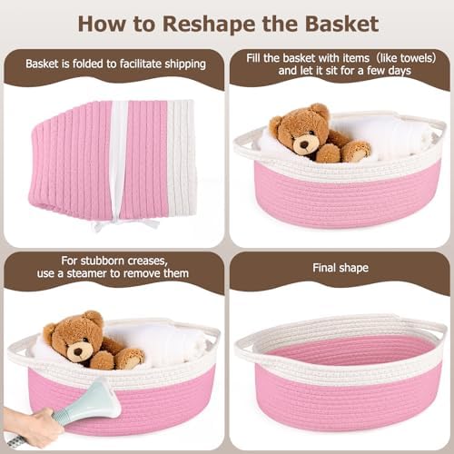 Small Woven Basket, 12" x 8" x 5" Gift Basket Empty with Ribbon and Gift Bag, Rope Basket for Baby Shower, Holiday Presents,Storage Basket with Handle for Nursery,Pet Toy Basket (White-Pink)