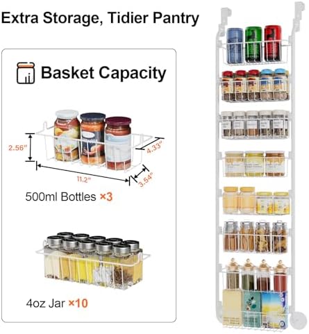 Delamu Narrow Over The Door Pantry Organizer, 8-Tier Metal Pantry Door Organization and Storage for Easy Install, Hanging Spice Rack Shelves, Door Organizer for Kitchen, 4.65"D x 13"W x 65"H, White