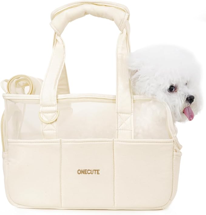 ONECUTE Dog Purse Carrier for Small Dogs Rabbit cat with Large Pockets, Cotton Bag, Dog Carrier Soft Sided, Collapsible Travel Puppy Carrier (Beige Breathable, 13.6" L x 6.5" W x 10.0" H)