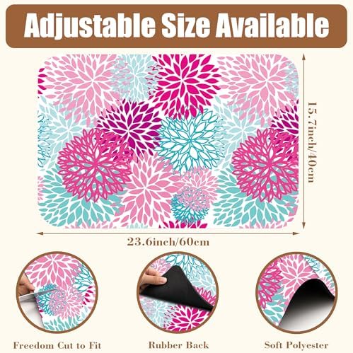 Pink Blue Chrysanthemum Flowers Dish Drying Mat for Kitchen Counter Coffee Bar Mat Hide Stain Absorbent Rubber Backed Drying Rack Pad Espresso Machine Coffee Bar Accessories 15.7 x 23.6 Inch