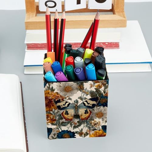 Retro Butterfly Pen Holder for Desk Decor, Rectangular PVC Leather Pencil Cup for Desk Pen Organizer, Makeup Brush Holder for School, Home, Office