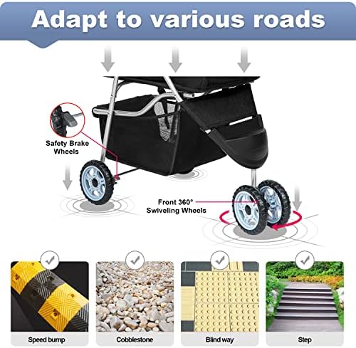 BestPet | 3-Wheel Foldable Pet Stroller | Black | Lightweight & Portable | Travel Carrier with Mesh Windows, Storage Basket, Cup Holder, Safety Brakes, and Waterproof Fabric | For Small Dogs and Cats