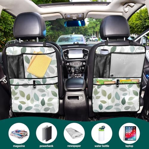 2 Pack Back Seat Car Organizer with Storage Pockets Kick Mats Back Seat Protector Hanging Car Organizer Automotive Seat Back Cover Organizers Fresh Green and Grey Leaves