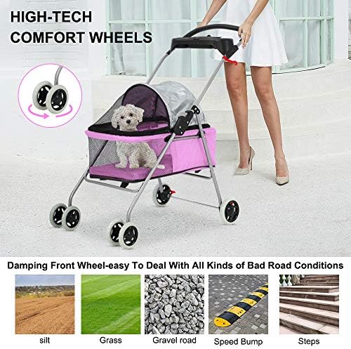 Meet Perfect Pet Stroller for Small/Medium Dogs & Cats, Pink, Foldable | Waterproof fabric helps protect pets during outdoor travel; Mesh panels provide ventilation and visibility.