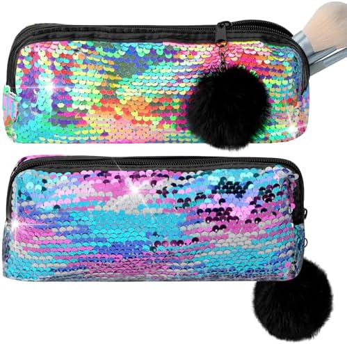 2Pcs Sequin Makeup Bags, Magic Cosmetic Bag, Iridescent Makeup Bag, Portable Pouch Travel Cosmetic Organizer, for Women Party Holiday Gifts (Gradient Multicolor)