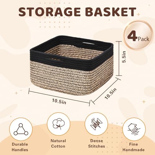 Storage Baskets for Shelves, 4 Pack Shallow Basket