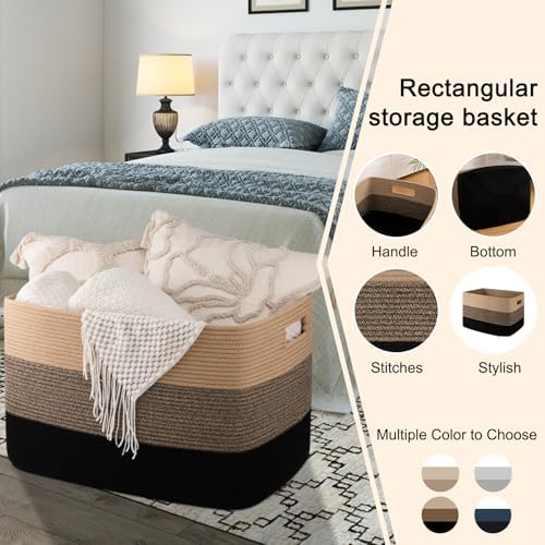 OIAHOMY 118L Extra Large Blanket Basket Cotton Rope Storage Basket Black | 25" x 17" x 16", Rectangular Baskets Living Room,Used for storing Dirty Clothes, Stuffed Animal Toy Storage for Nursery Brown