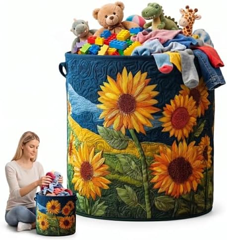 Rustic Sunflower Laundry Hamper Large Fabric Clothes Basket Floral Toy Storage Organizer Decorative Quilted Hamper for Bedroom(16" x 22")