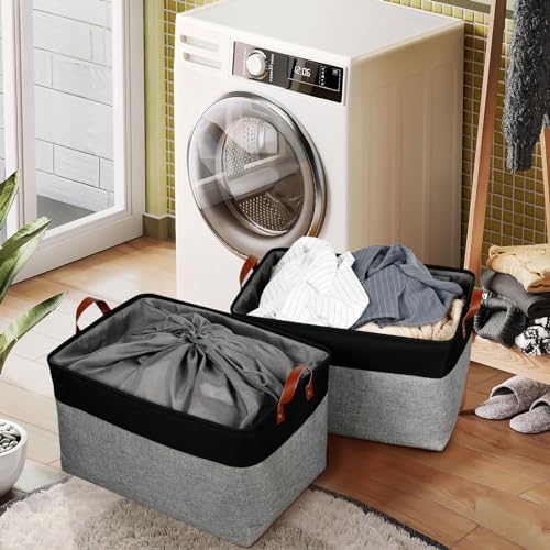 DULLEMELO Extra Large Canvas Fabric Storage Basket, 70L Foldable Closet Storage Bin with Handles, 22" Large Blanket Basket Living Room for Storage Toys, Pillows, Clothes, Books (Black&Grey)