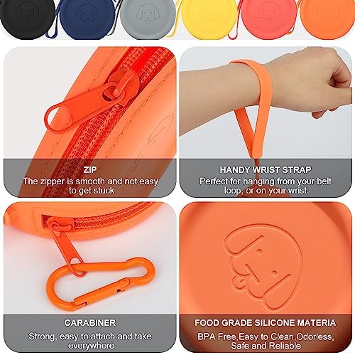WALLFID Silicone Dog Treat Pouch Small Bag,with Pet Training Clicker,Walking Bag for Dog and Cat, Pocket Size, Easy to Clean, Odorless, Zipper Design,Moisture-Proof,Travel Walking Bag.(Orange)