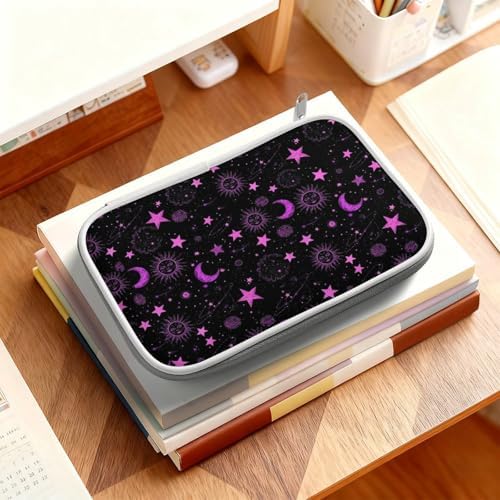 Cute Large Pencil Bag With Zipper Fashion Design Organizer For All Pens Space Galaxy Constellation Sun Moon Stars Pattern