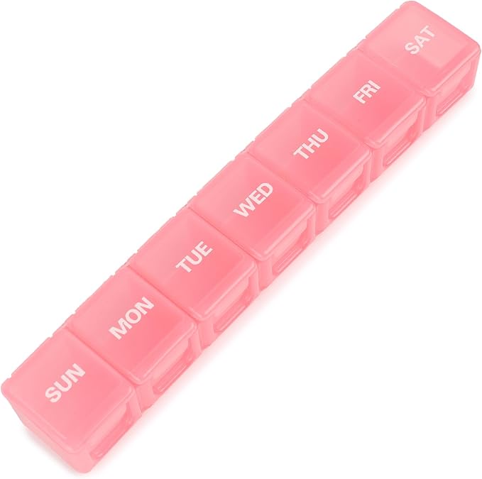 Sukuos Extra Large Daily Pill Organizer 7 Day, Easy to Open Weekly Pill Box Case, Portable Medicine Case Vitamin Holder with Clear Lid for Fish Oils or Supplements (Light Pink)