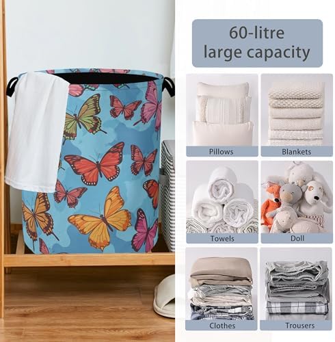 Colorful Butterfly Laundry Basket,Foldable Oxford Cloth Tote Bag Laundry Hamper Clothes Storage Bucket Organizer for Bedroom Laundry Storage Dormitories 16" x 20.8"