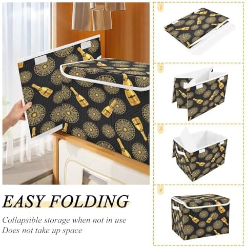 Storage Bins with Lids Gold Champagne Bottles and Foldable Storage Boxes with Handles Large Storage Basket Collapsible Organizer Containers for Closet Home Bedroom Office