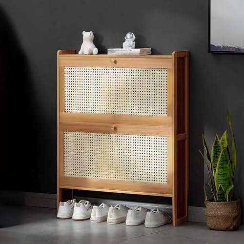 Magshion Narrow Shoe Cabinet for Entryway Slim Thin Bamboo Freestanding Shoe Storage with Flip Drawers for Hallway, Living Room (Brown, 34" x 27" x 7")