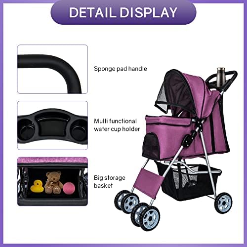 BestPet | 4-Wheel Foldable Pet Stroller | Purple | Lightweight & Portable | Travel Carrier with Mesh Windows, Storage Basket, Cup Holder, Safety Brakes, and Waterproof Fabric | For Small Dogs and Cats