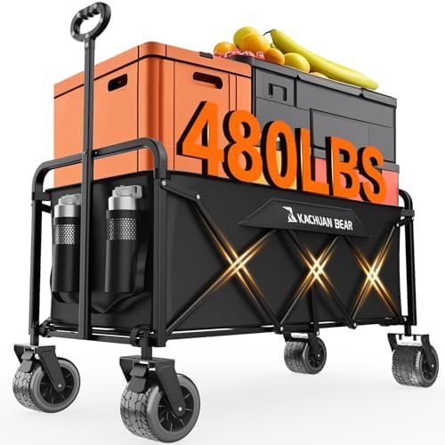 300L Wagons Carts Foldable Collapsible with Big All-Terrain Beach Wheels | 480lbs Large Heavy Duty Utility Wagon Cart and Folding Frame. Perfect for Groceries, Garden, Shopping & Sports. Black color.