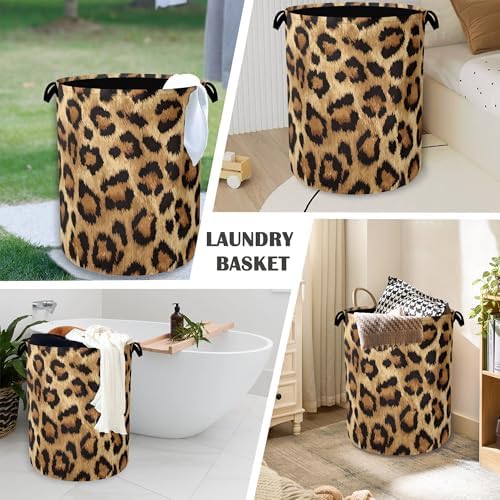 Brown Leopard Laundry Basket,Foldable with Handles Tote Bag Oxford Cloth for Bathroom Bedroom Dirty Clothes Storage Bucket 16" x 20.8"