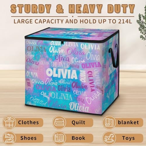 Custom Name Large Storage Bin with Lid, Personalized Storage Basket with Zippers for Organizing Comforters, Blankets, Bedding Closet Shelf Baskets, Watercolor Blue and Pink Galaxy Background