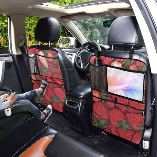 2 Pack Back Seat Car Organizer with Storage Pockets Kick Mats Back Seat Protector Hanging Car Organizer Automotive Seat Back Cover Organizers Cartoon Red Strawberry