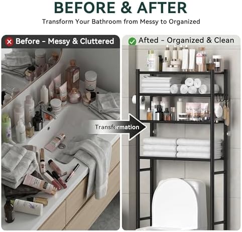 GloTika 4-Tier Over The Toilet Storage Shelves, Black | 200lb Total Capacity, Metal Bathroom Organizer with 36" Clearance, Includes Paper Holder & 4 Hooks, Suit for Small Space
