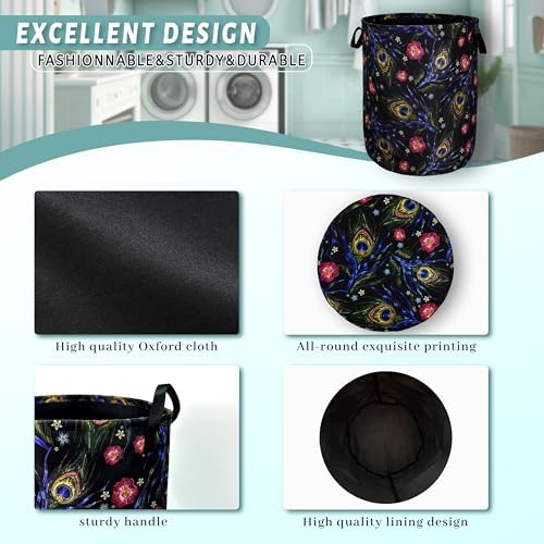 Peacock Feather Laundry Basket Foldable Oxford Cloth Hamper 18.9"x16.5"