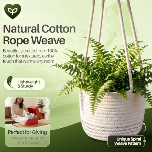 Flexzion Macrame Plant Hanger Basket for Indoor Plants - 8 Inch Jute Rope Planter Pot Cover, Woven Hanging Plant Holder Up to 7 Inch Pots, Boho Hanging Planters Home Decor Storage Organizer (White)