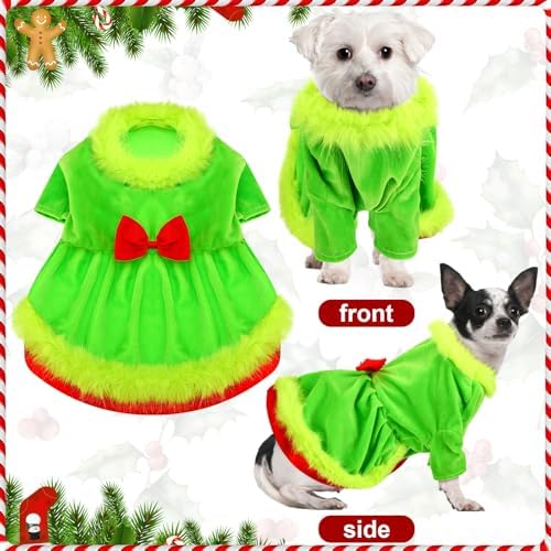 Glitopper Christmas Dog Costume Red Green Dog Outfit Lime Green Pet Outfit Velvet Furry Pet Costume Cosplay Christmas Dogs and Cats Clothes for Holiday Party Favors(Small)