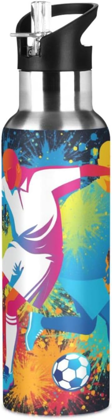 Soccer Ball Player Water Bottle with Straw Lid Kids Insulated Stainless Steel Water Flask Sports, 20 Oz Hot Cold
