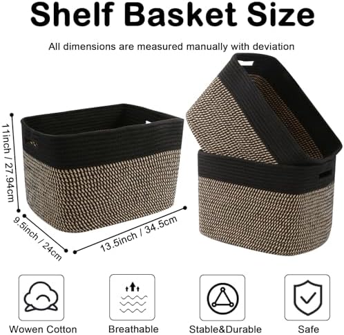 3 Pack Woven Baskets,Storage Baskets for Shelves with Handles | 13.5"×11"×9.5", Closet Baskets, Nursery Organizer for Toys Towels Books, Storage Bin for Living Room Bedroom (Black & Jute)