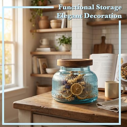 Decorative Blue Ribbed Glass Jar with Airtight Wooden Lid, 40 fl. oz | Wide mouth vintage storage canister, kitchen pantry bathroom organization, coffee sugar tea cookie candy candle vase gift