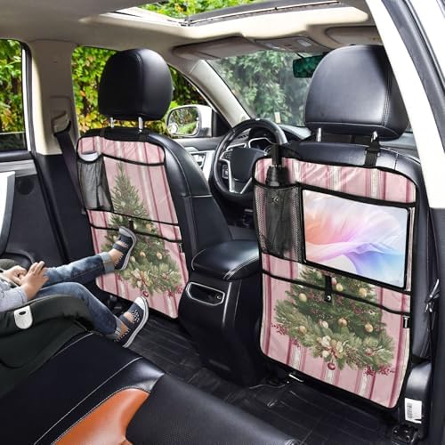2 Pack Back Seat Car Organizer with Storage Pockets Kick Mats Back Seat Protector Hanging Car Organizer Automotive Seat Back Cover Organizers Cute Pink Striped Christmas Tree