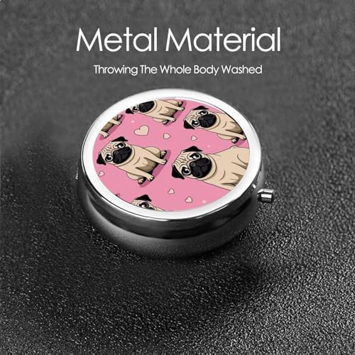 ZhongGuo Funny Cartoon Pug Puppy Dog Printed Pill Organizer,Round Travel Pill Organizer Mini Medicine Pill Box for Purse Iron Plating