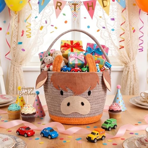 Small Woven Storage Basket with Handle, Cute Cartoon Cow Baskets for Gift Empty, Cotton Rope Storage Basket for Toy Organizer