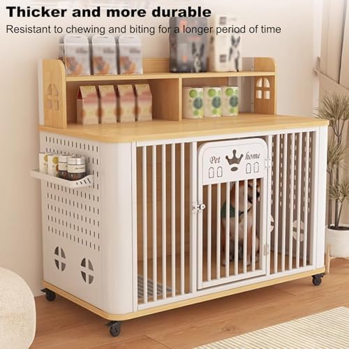 Portable Dog Crate with Side Storage for Cans, Bottom Dog Toilet, Universal Wheels, Ideal for Small & Medium Dogs, Grey & White, Pet Travel Carrier