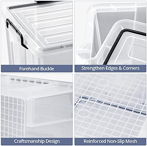 3-Pack Waterproof Plastic Storage Box, 90QT/85L Stackable Latch Box Durable Multi-Purpose Locking Bin with Lid and Black Clips for Bedding, Toys, Shoes and Clothes