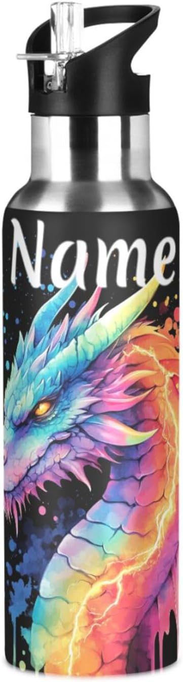 Custom Name Lightning Dragon Rainbow Water Bottle with Straw Lid Kids Insulated Stainless Steel Water Flask Sports, 20 Oz Hot Cold