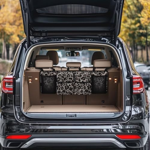 Dreaweet Grey Leopard Print Trunk Organizer for Car Back Seat Trunk Organizer Hanging Car Organizer Trunk Foldable Cargo Storage with 4 Pockets 3 Adjustable Straps
