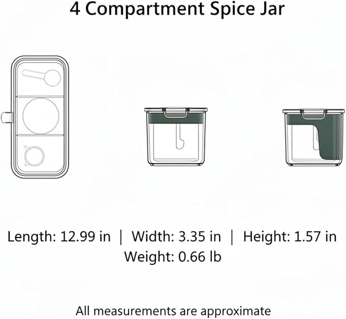 Fits Kitchen Countertops: 4-Section Spice Organizer, Durable PET Plastic Seasoning Caddy for Salt, Pepper, and Dry Herbs, Compact 13-Inch Storage Box
