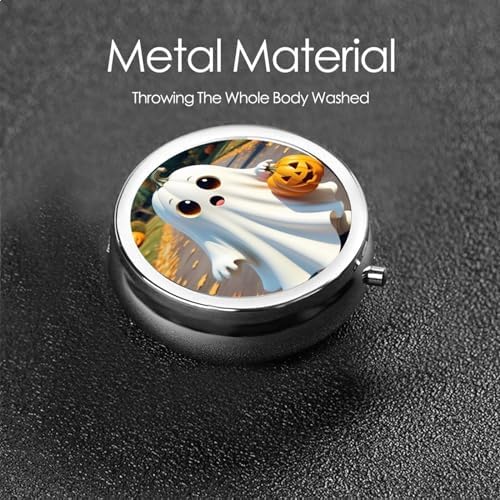 ZhongGuo Halloween Ghost Pumpkin Printed Pill Organizer,Round Travel Pill Organizer Mini Medicine Pill Box for Purse Iron Plating